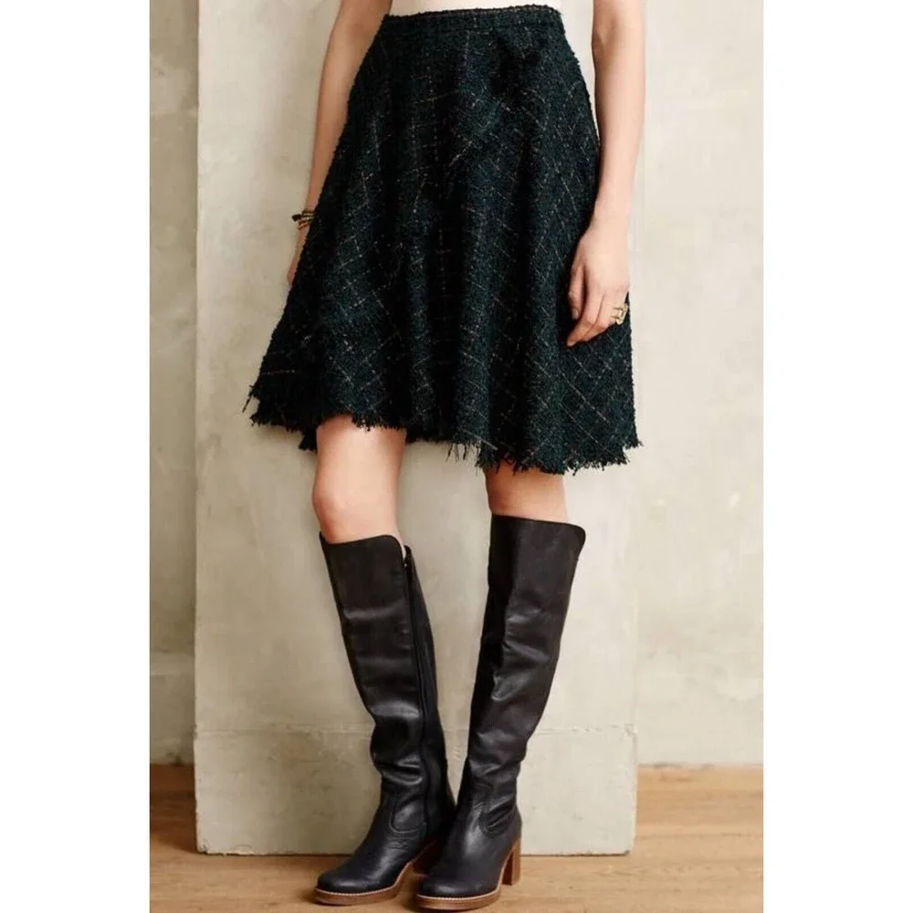 Anthropologie Eva Franco Fringed Tweed Skirt Womens Size 10 Green Plaid NEW TAGS - Picture 2 of 16